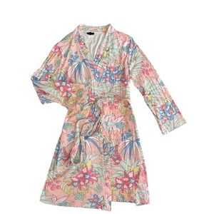 Talbots Robe Women M Pink Tropical Parrot Pineapple Floral Long Sleeve Wrap mini